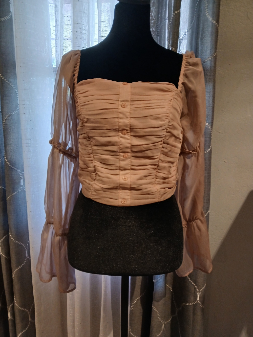 a'gaci Dusty Pink Ruched Square Neck Sheer Sleeve Blouse